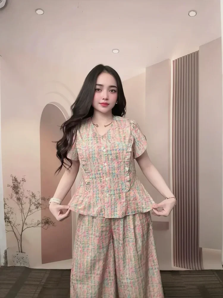 [READY STOCK]FADFAD Setelan dua potong pakaian wanita atasan + celana panjang lebar gaya baru