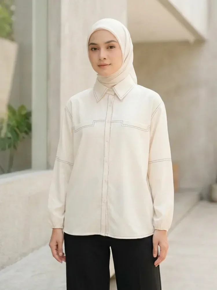 ASAYA Atasan kemeja kancing sebaris kerah bulat warna solid gaya kasual baru