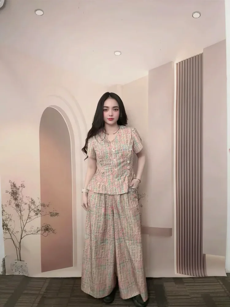 [READY STOCK]FADFAD Setelan dua potong pakaian wanita atasan + celana panjang lebar gaya baru