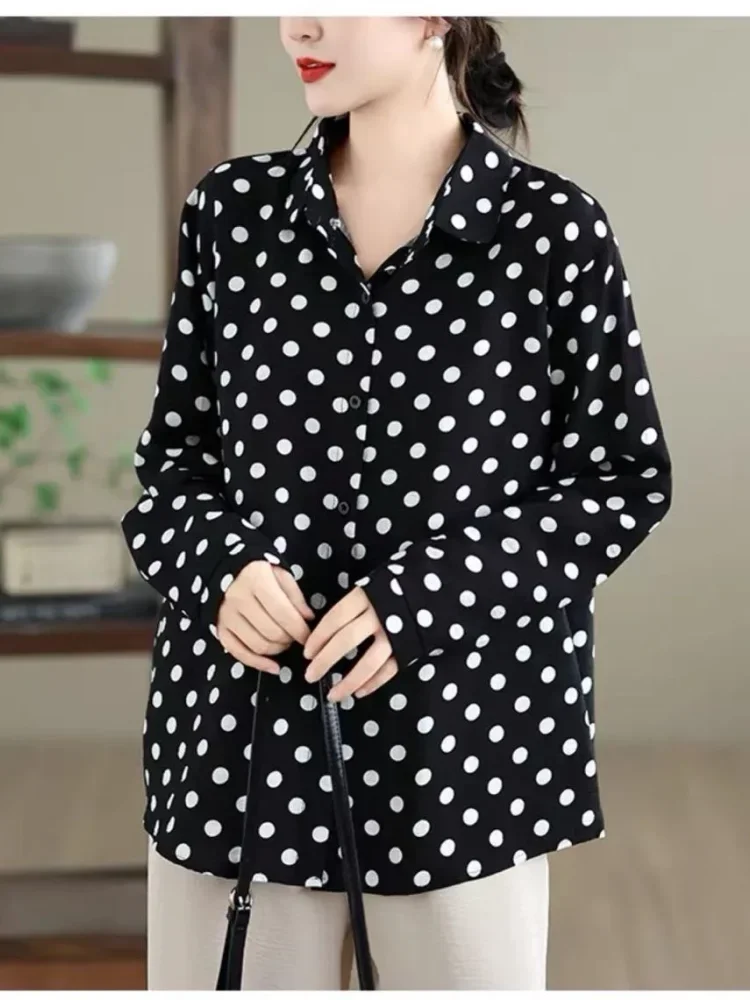 ASAYA Kemeja atasan wanita lengan panjang motif polkadot bergaya cantik