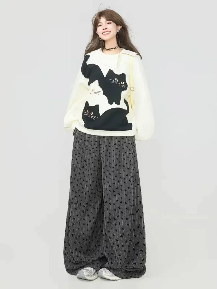 CHICMORE Atasan wanita sweater dengan kerah kru motif hewan lucu