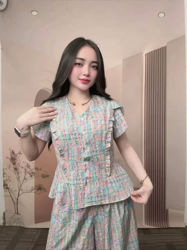 [READY STOCK]FADFAD Setelan dua potong pakaian wanita atasan + celana panjang lebar gaya baru