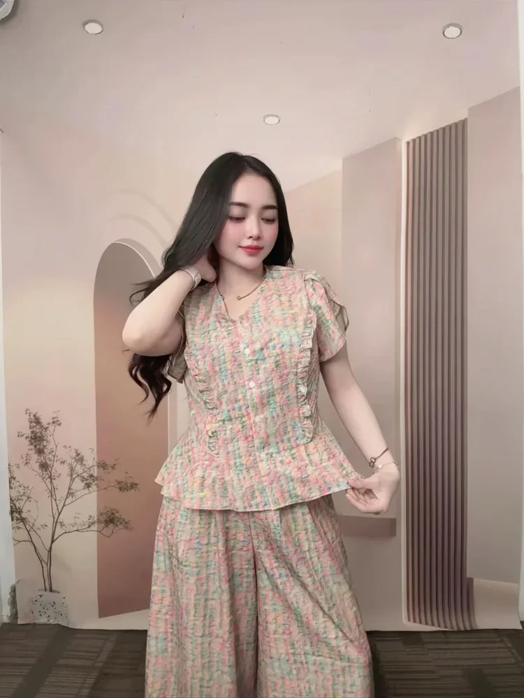 [READY STOCK]FADFAD Setelan dua potong pakaian wanita atasan + celana panjang lebar gaya baru