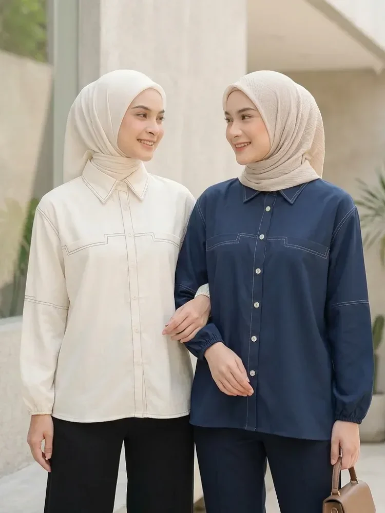 ASAYA Atasan kemeja kancing sebaris kerah bulat warna solid gaya kasual baru