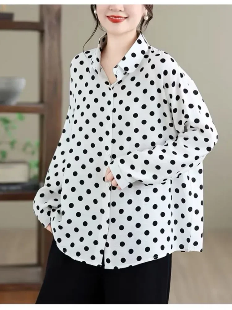 ASAYA Kemeja atasan wanita lengan panjang motif polkadot bergaya cantik