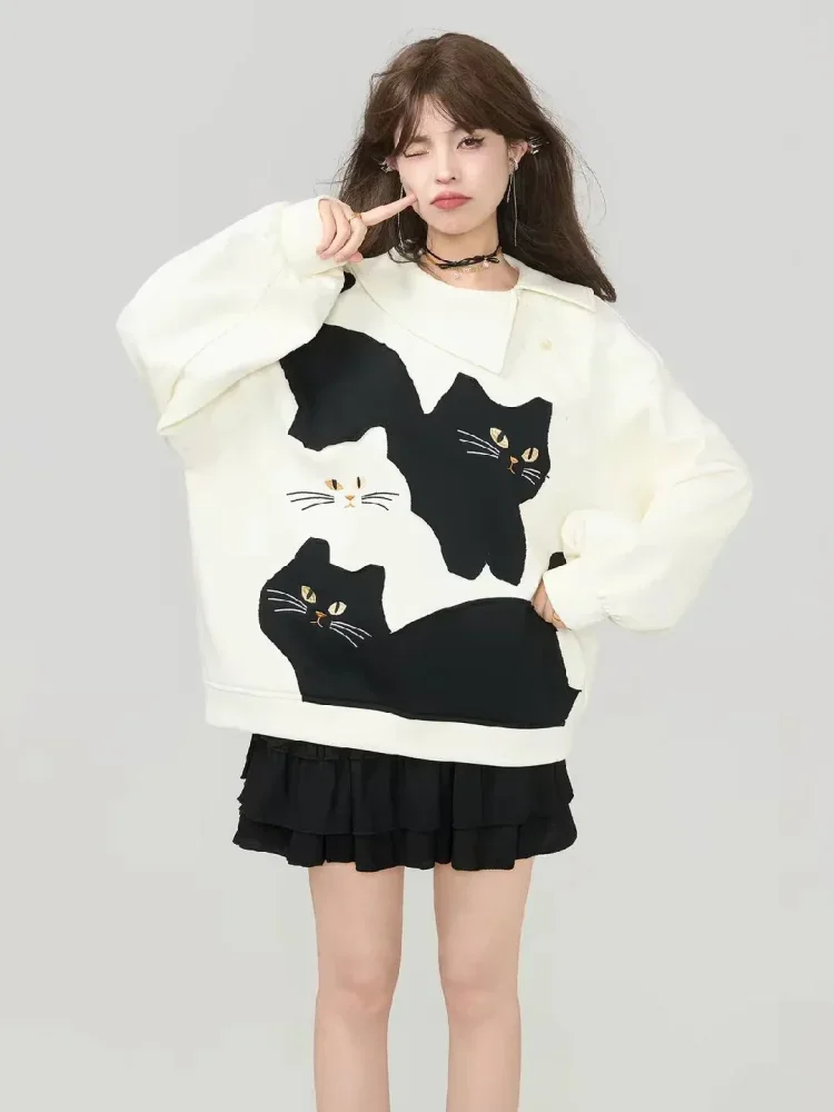 CHICMORE Atasan wanita sweater dengan kerah kru motif hewan lucu