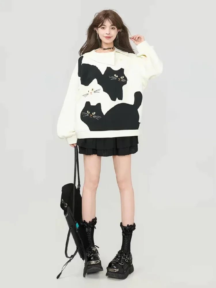 CHICMORE Atasan wanita sweater dengan kerah kru motif hewan lucu