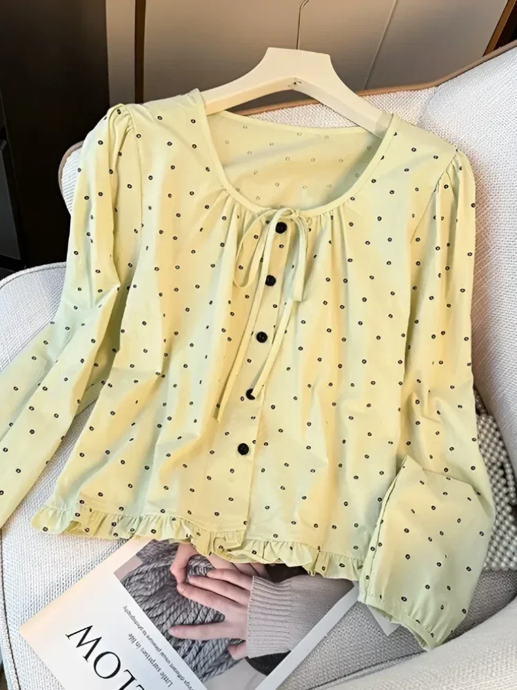 CHICMORE Atasan kerah leher bulat motif polkadot gaya kekinian wanita modis