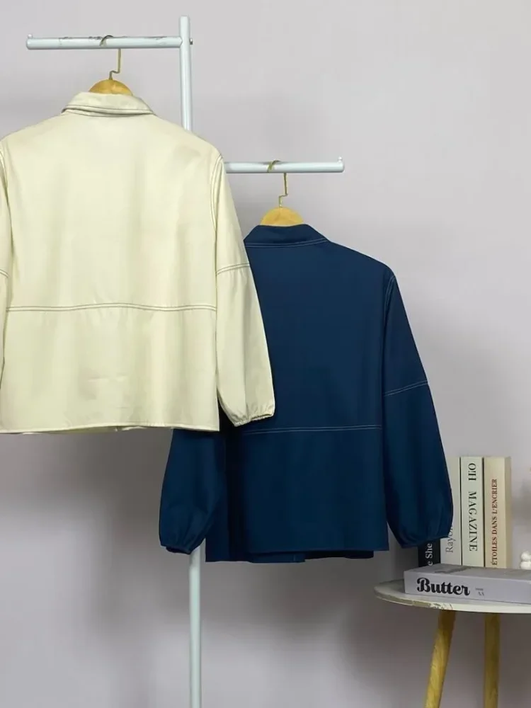 ASAYA Atasan kemeja kancing sebaris kerah bulat warna solid gaya kasual baru