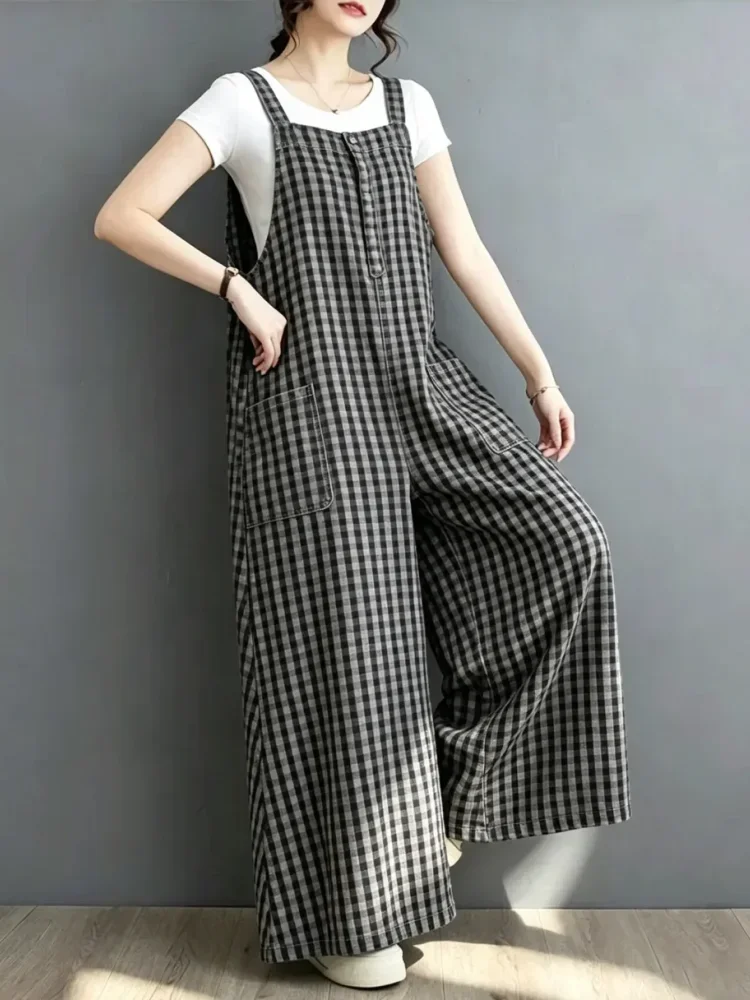 ASAYA Jumpsuit kotak-kotak longgar yang modis (tanpa rompi)