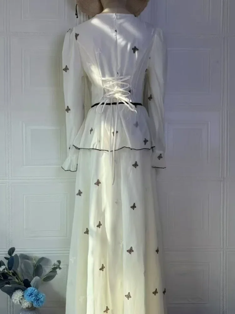 FADFAD Gaun maxi wanita dua potong atasan lengan panjang & rok panjang motif kupu-kupu elegan