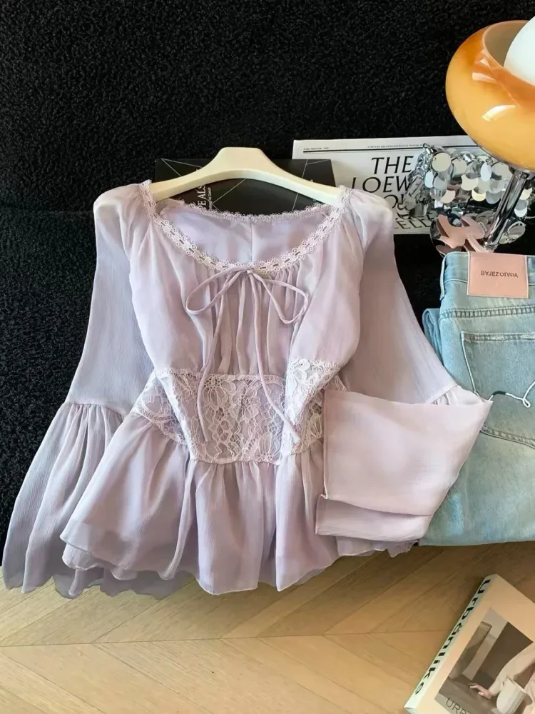 CHICMORE Atasan blouse wanita lengan panjang warna solid dan tali pita di bagian depan