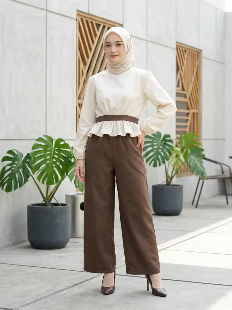 ASAYA Setelan wanita dengan lengan bell dan resleting buatan tangan bergaya minimalis warna solid