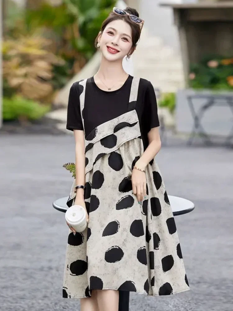 FADFAD Midi dress dua potong palsu dengan lengan pendek bermotif polkadot gaya baru untuk wanita