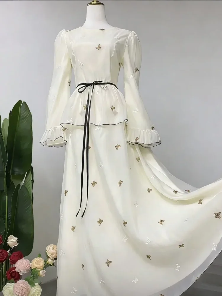 FADFAD Gaun maxi wanita dua potong atasan lengan panjang & rok panjang motif kupu-kupu elegan