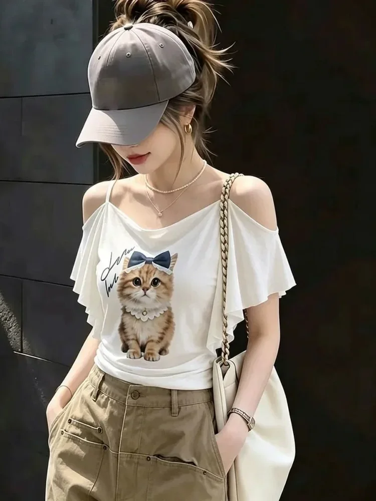 ASAYA Atasan lengan pendek wanita dengan motif lucu dan menawan gaya kekinian