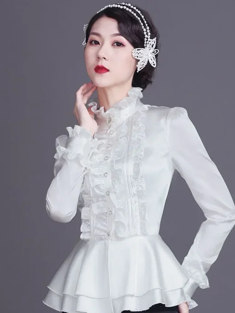 FADFAD Atasan wanita kemeja lengan panjang model klasik kerah tinggi elegant