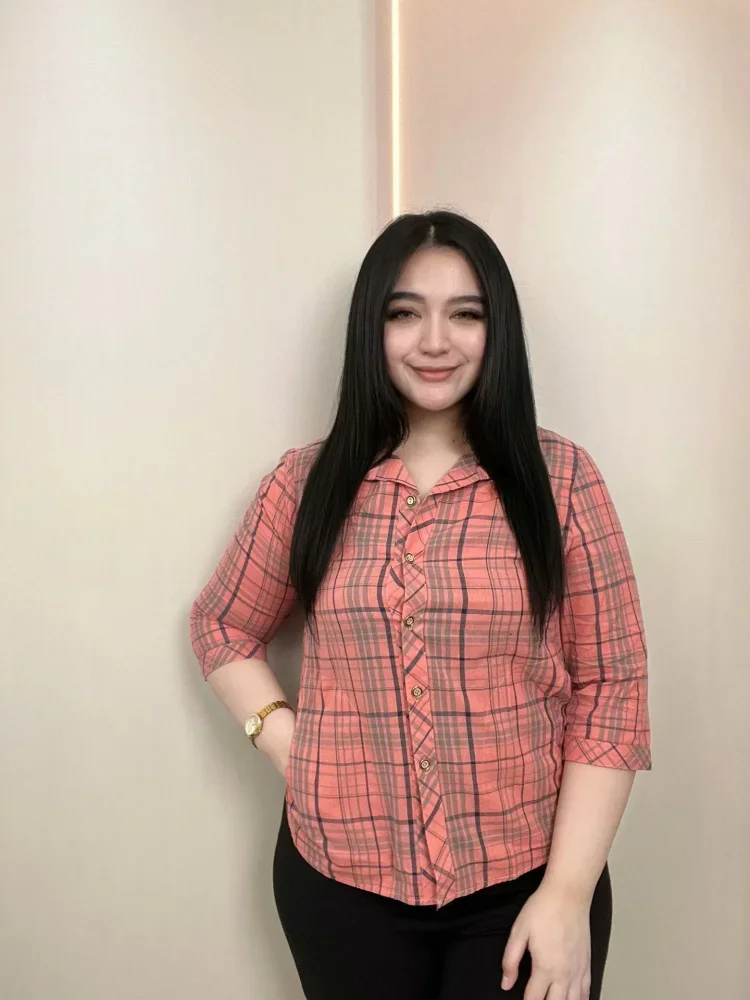 FADFAD Kemeja atasan wanita dengan lengan panjang motif kotak kotak gaya casual