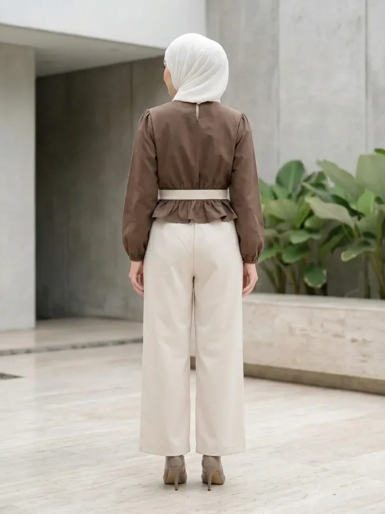 ASAYA Setelan wanita dengan lengan bell dan resleting buatan tangan bergaya minimalis warna solid