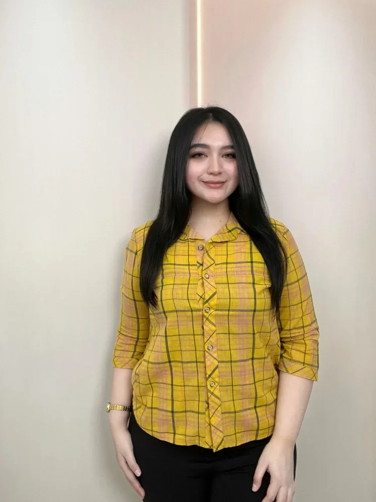 FADFAD Kemeja atasan wanita dengan lengan panjang motif kotak kotak gaya casual
