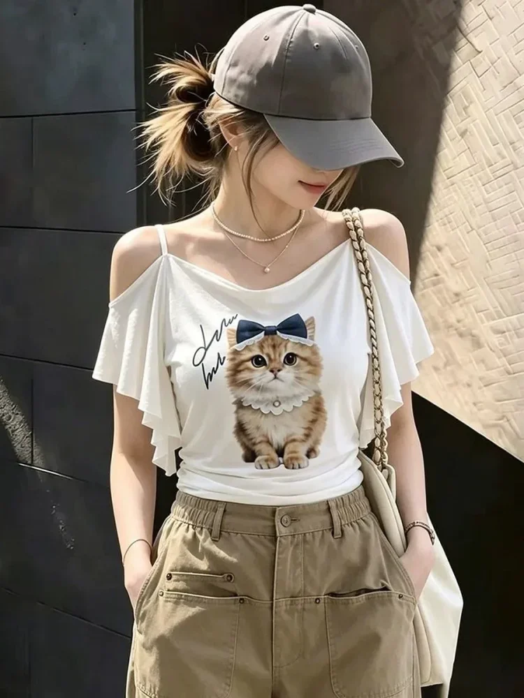 ASAYA Atasan lengan pendek wanita dengan motif lucu dan menawan gaya kekinian