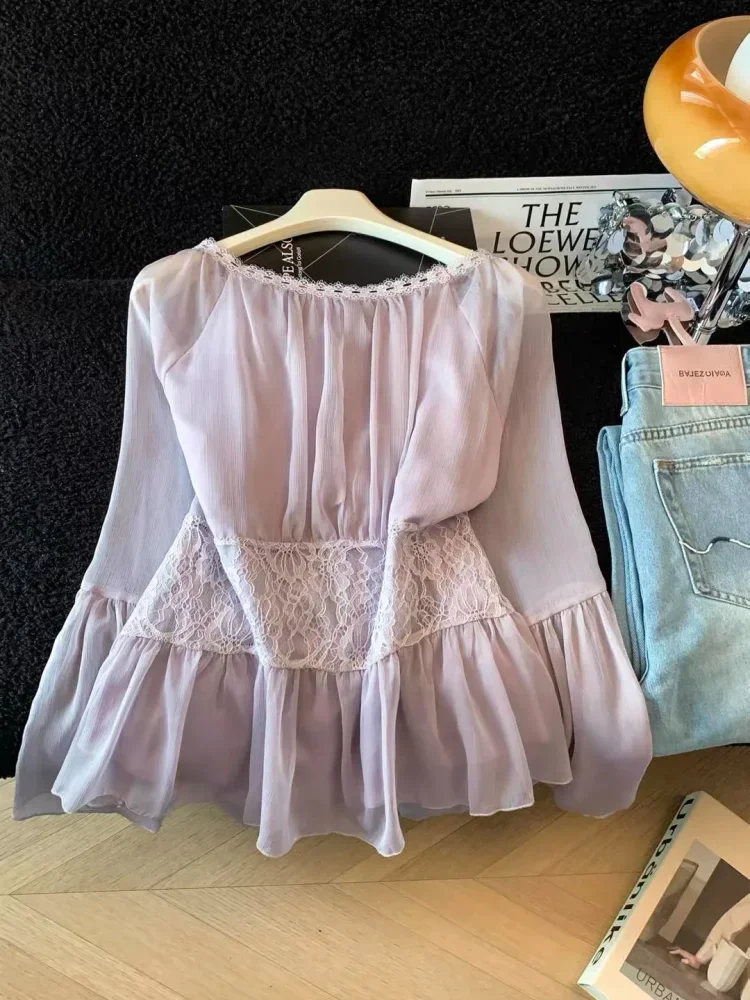 CHICMORE Atasan blouse wanita lengan panjang warna solid dan tali pita di bagian depan