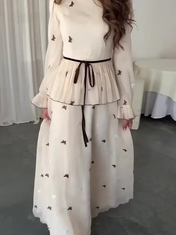 FADFAD Gaun maxi wanita dua potong atasan lengan panjang & rok panjang motif kupu-kupu elegan