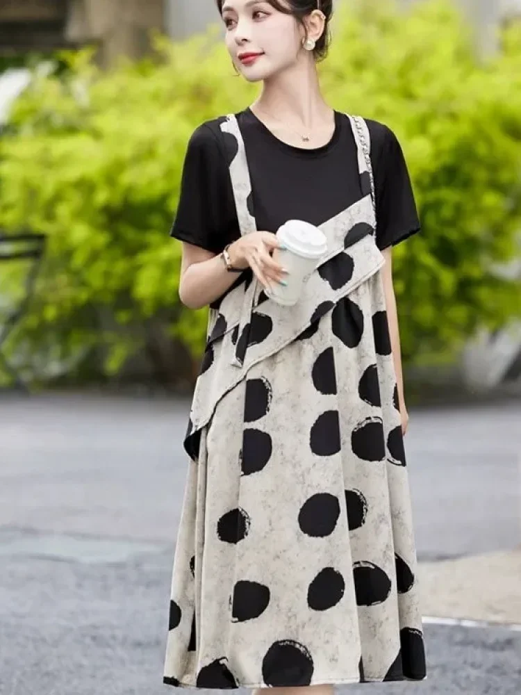 FADFAD Midi dress dua potong palsu dengan lengan pendek bermotif polkadot gaya baru untuk wanita