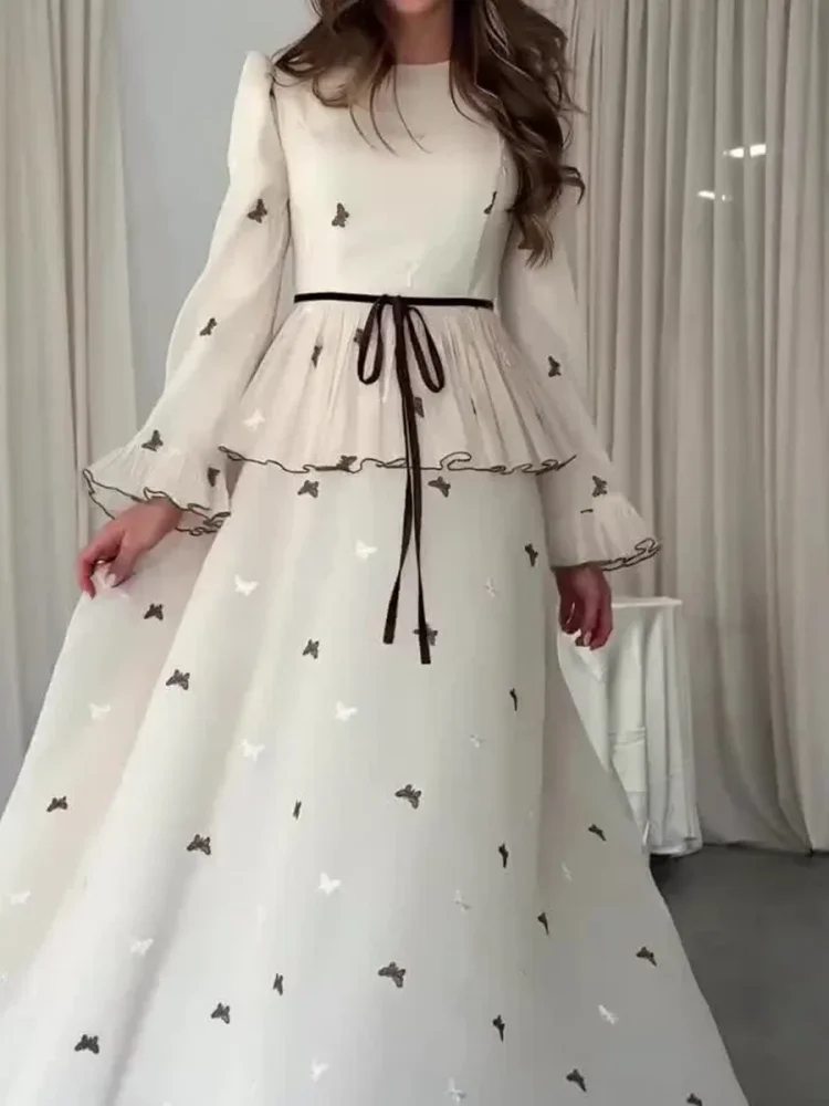 FADFAD Gaun maxi wanita dua potong atasan lengan panjang & rok panjang motif kupu-kupu elegan