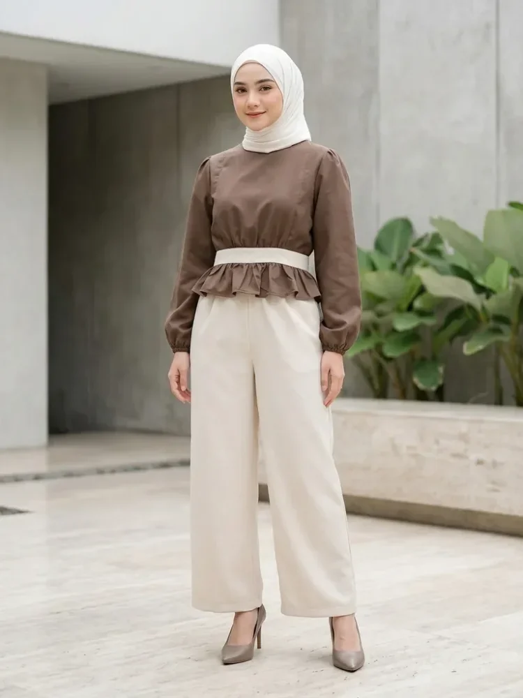 ASAYA Setelan wanita dengan lengan bell dan resleting buatan tangan bergaya minimalis warna solid