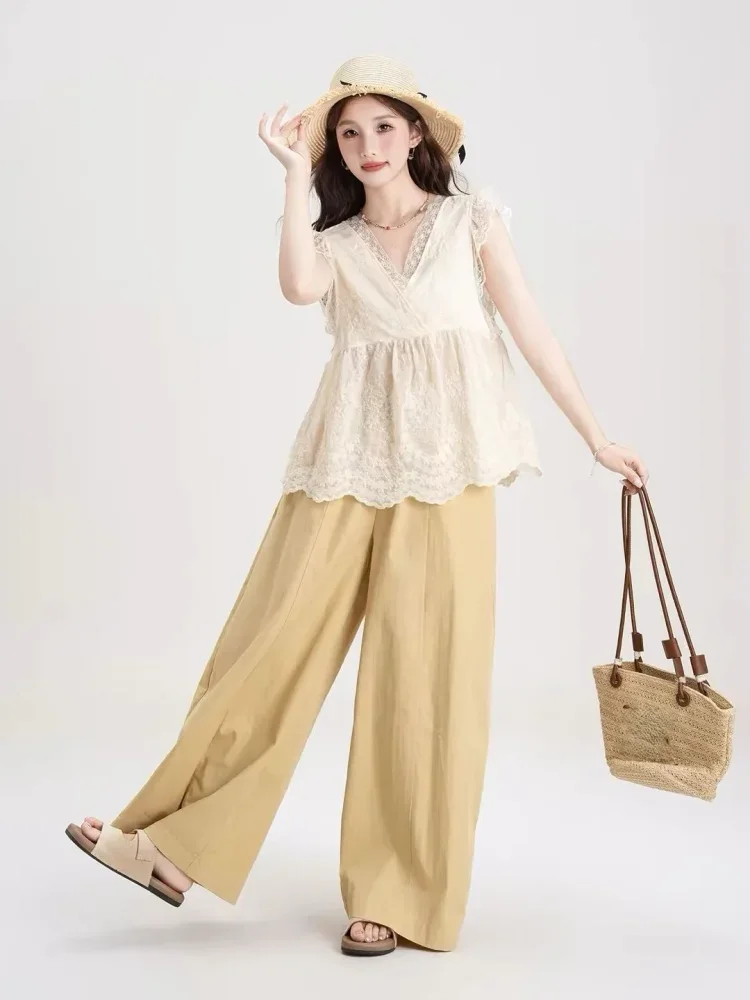 CHICMORE Setelan tank top kerah v warna aprikot dengan detail mewah dengan celana panjang wide leg