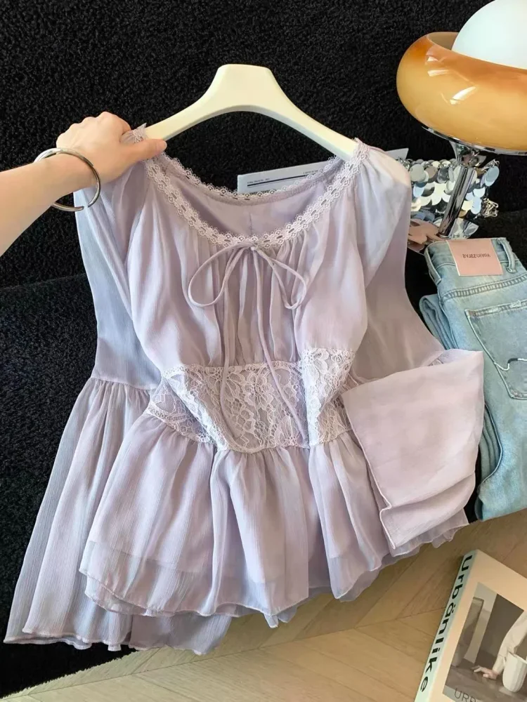 CHICMORE Atasan blouse wanita lengan panjang warna solid dan tali pita di bagian depan