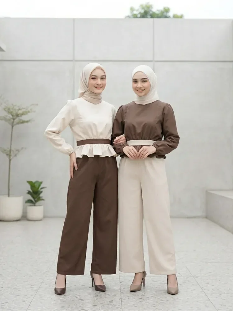 ASAYA Setelan wanita dengan lengan bell dan resleting buatan tangan bergaya minimalis warna solid