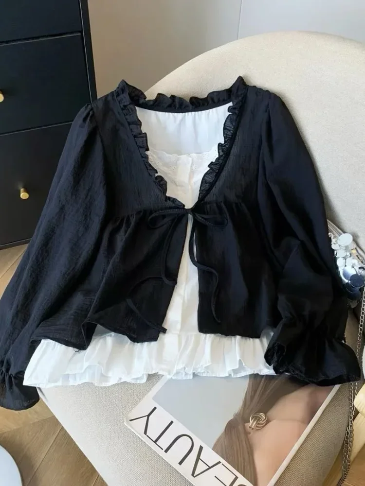 CHICMORE Atasan pakaian wanita lengan panjang kerah v neck warna solid gaya minimalis