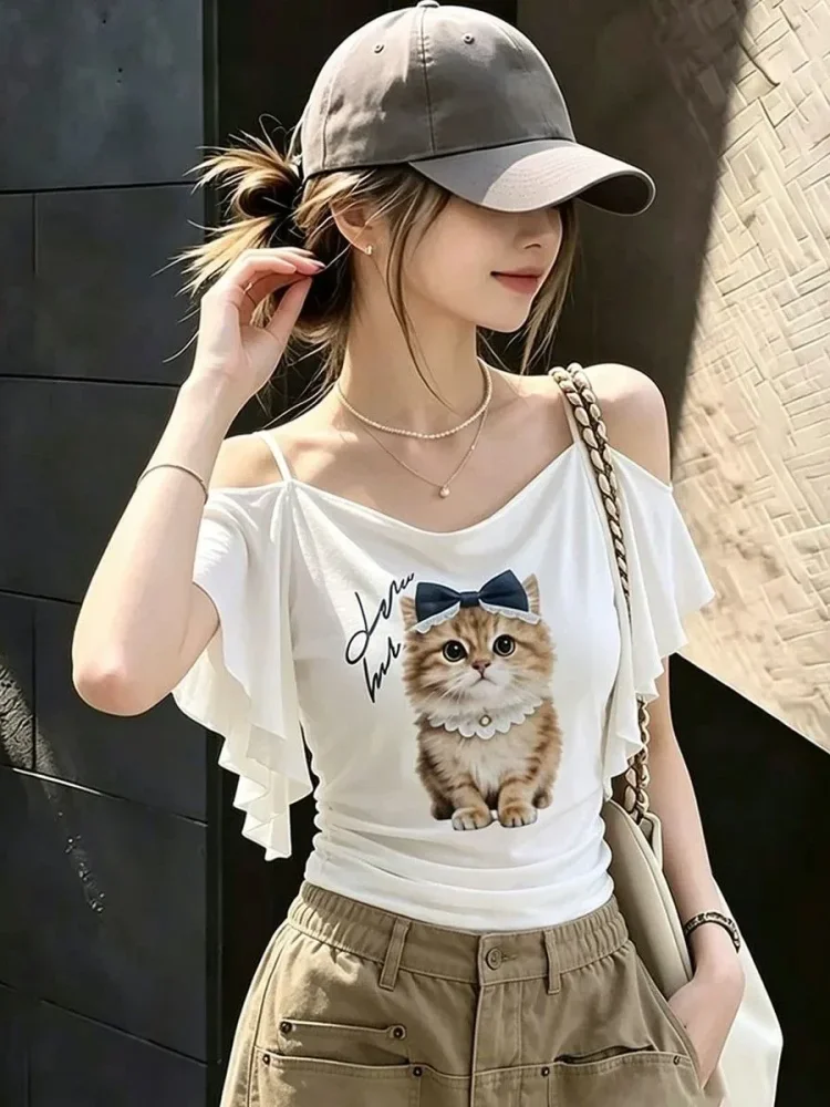 ASAYA Atasan lengan pendek wanita dengan motif lucu dan menawan gaya kekinian