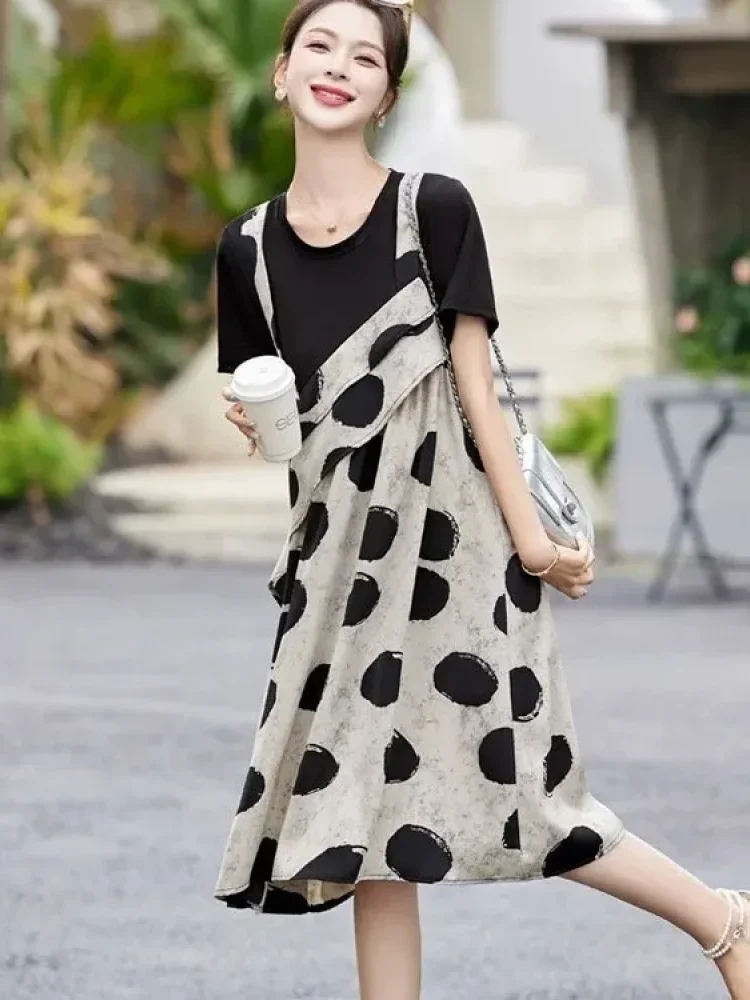 FADFAD Midi dress dua potong palsu dengan lengan pendek bermotif polkadot gaya baru untuk wanita
