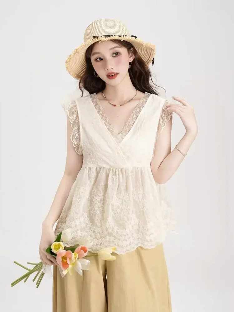 CHICMORE Setelan tank top kerah v warna aprikot dengan detail mewah dengan celana panjang wide leg