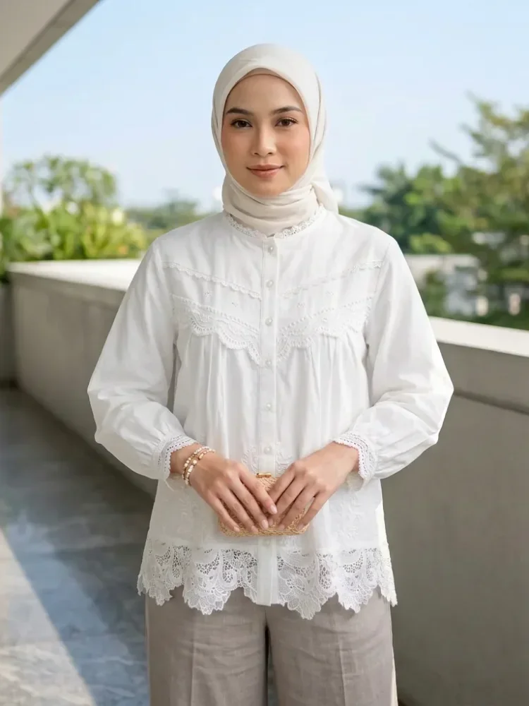 CHICMORE Atasan kemeja retro pakaian wanita kerah bulat lengan panjang