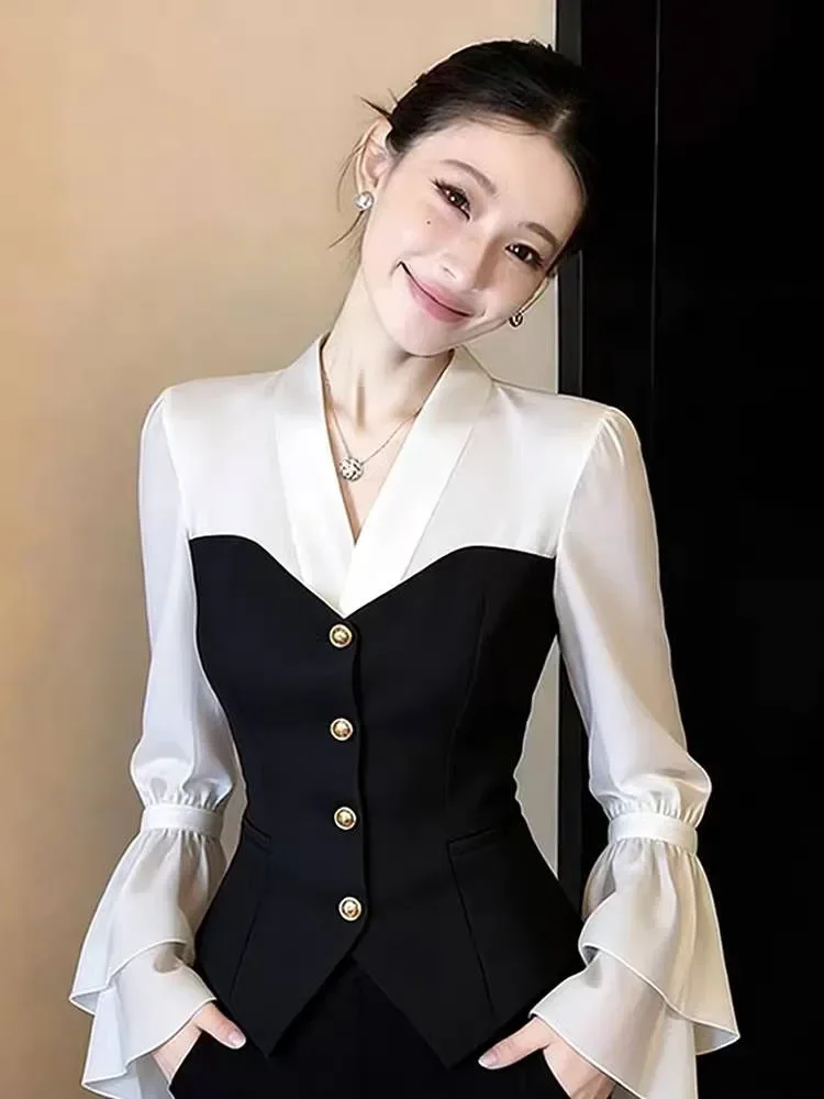 FADFAD Atasan wanita lengan panjang variasi rumbai cantik kerah v neck dengan model modern minimalis warna solid