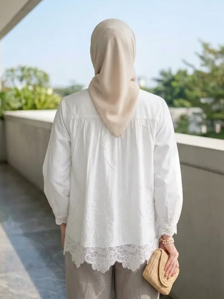 CHICMORE Atasan kemeja retro pakaian wanita kerah bulat lengan panjang