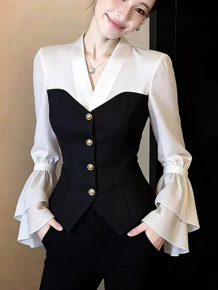 FADFAD Atasan wanita lengan panjang variasi rumbai cantik kerah v neck dengan model modern minimalis warna solid