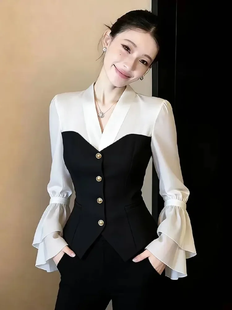 FADFAD Atasan wanita lengan panjang variasi rumbai cantik kerah v neck dengan model modern minimalis warna solid