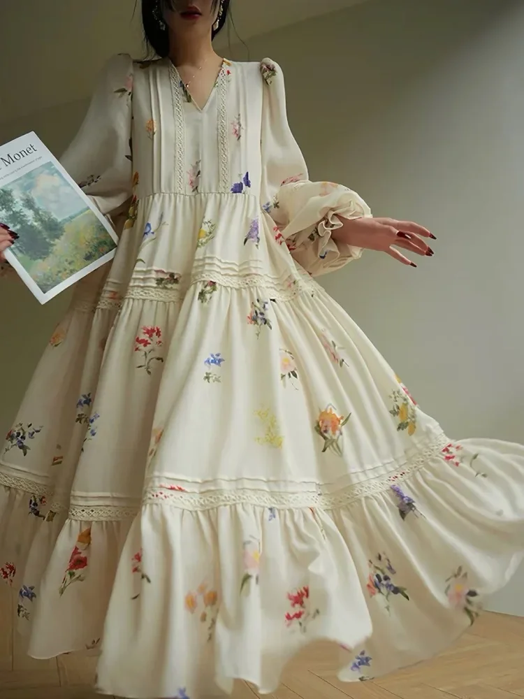 CHICMORE Dress panjang motif bunga gaya retro kasual wanita