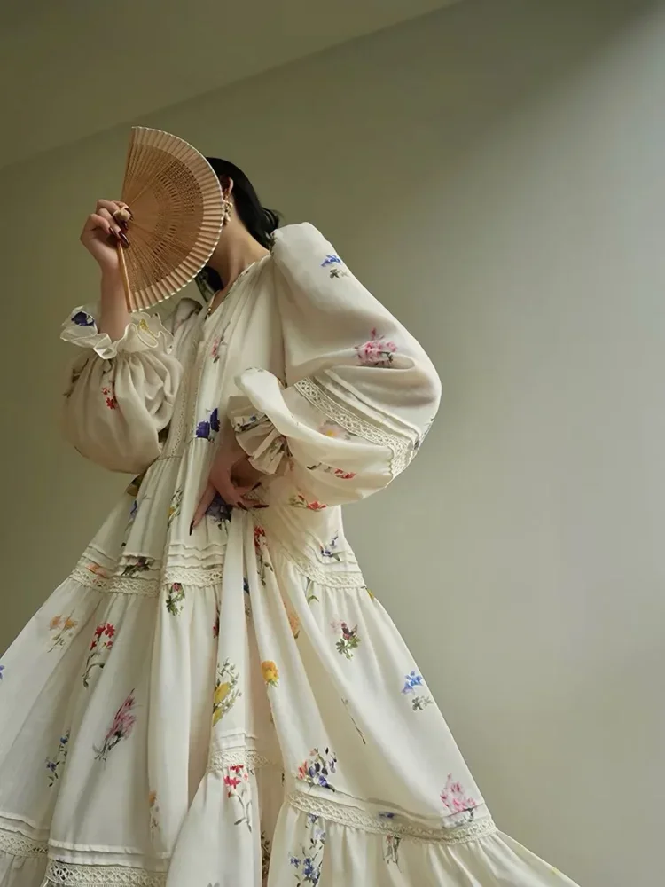 CHICMORE Dress panjang motif bunga gaya retro kasual wanita