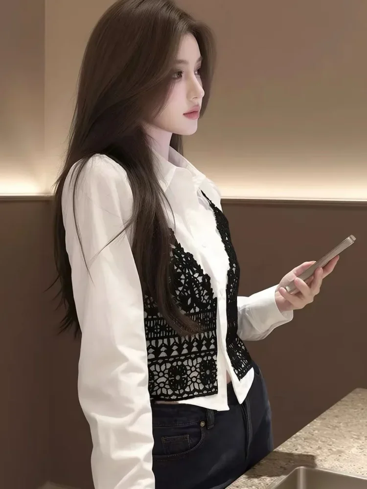 FADFAD Atasan wanita blouse lengan panjang dengan aksen warna hitam bergaya cantik