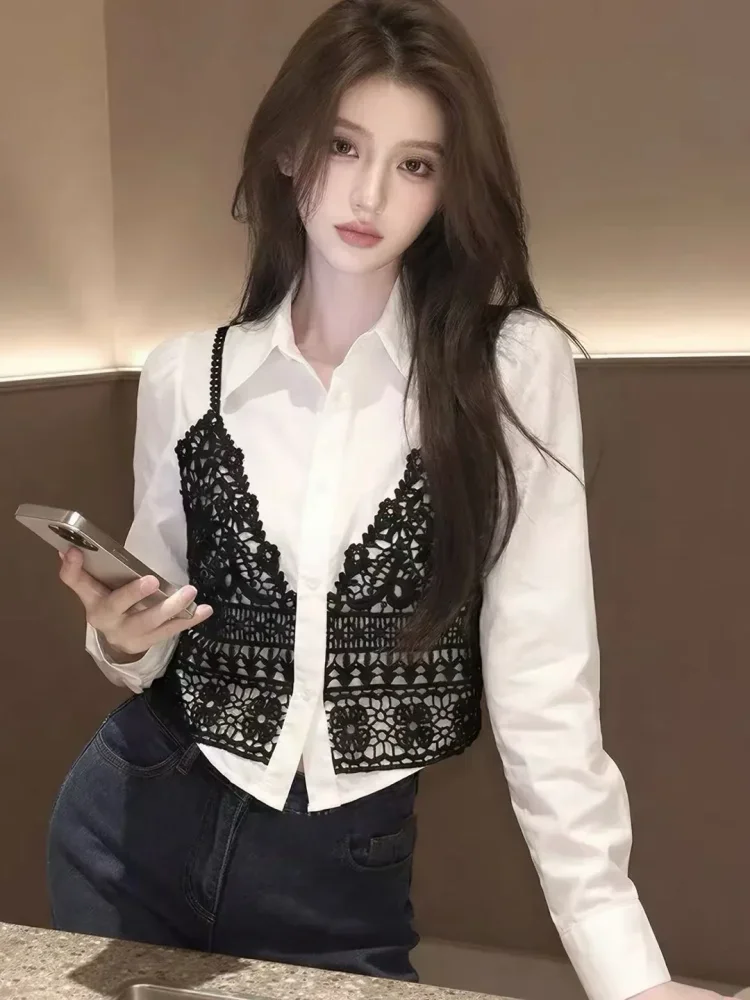 FADFAD Atasan wanita blouse lengan panjang dengan aksen warna hitam bergaya cantik