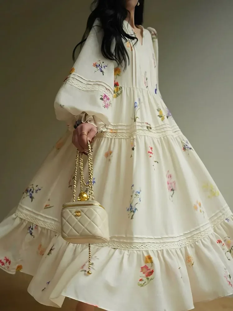 CHICMORE Dress panjang motif bunga gaya retro kasual wanita