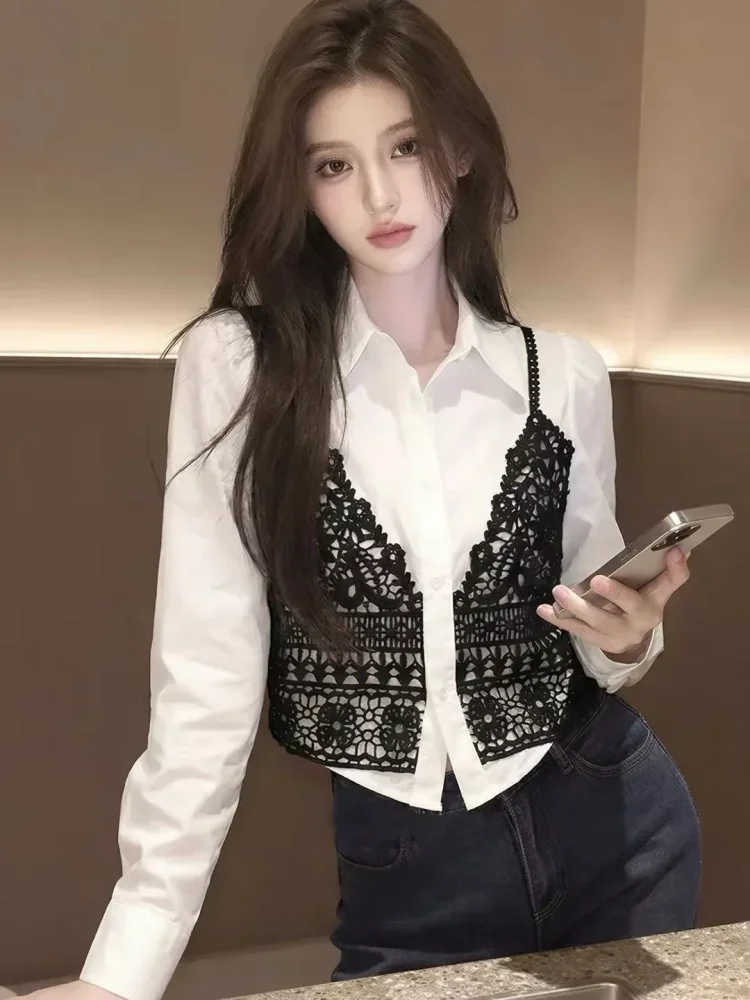 FADFAD Atasan wanita blouse lengan panjang dengan aksen warna hitam bergaya cantik