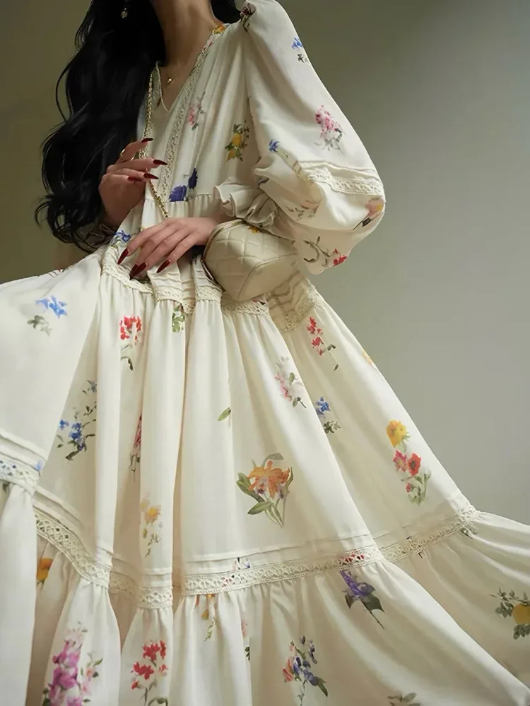 CHICMORE Dress panjang motif bunga gaya retro kasual wanita
