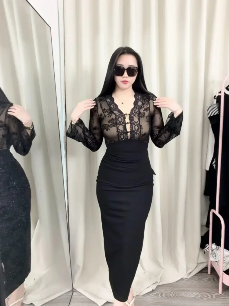 [DISKON KILAT]FADFAD Gaun maxi lengan panjang dengan kerah v neck model fitted